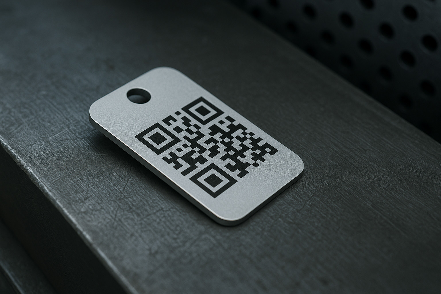 Anodized aluminium QR tag on metallic background
